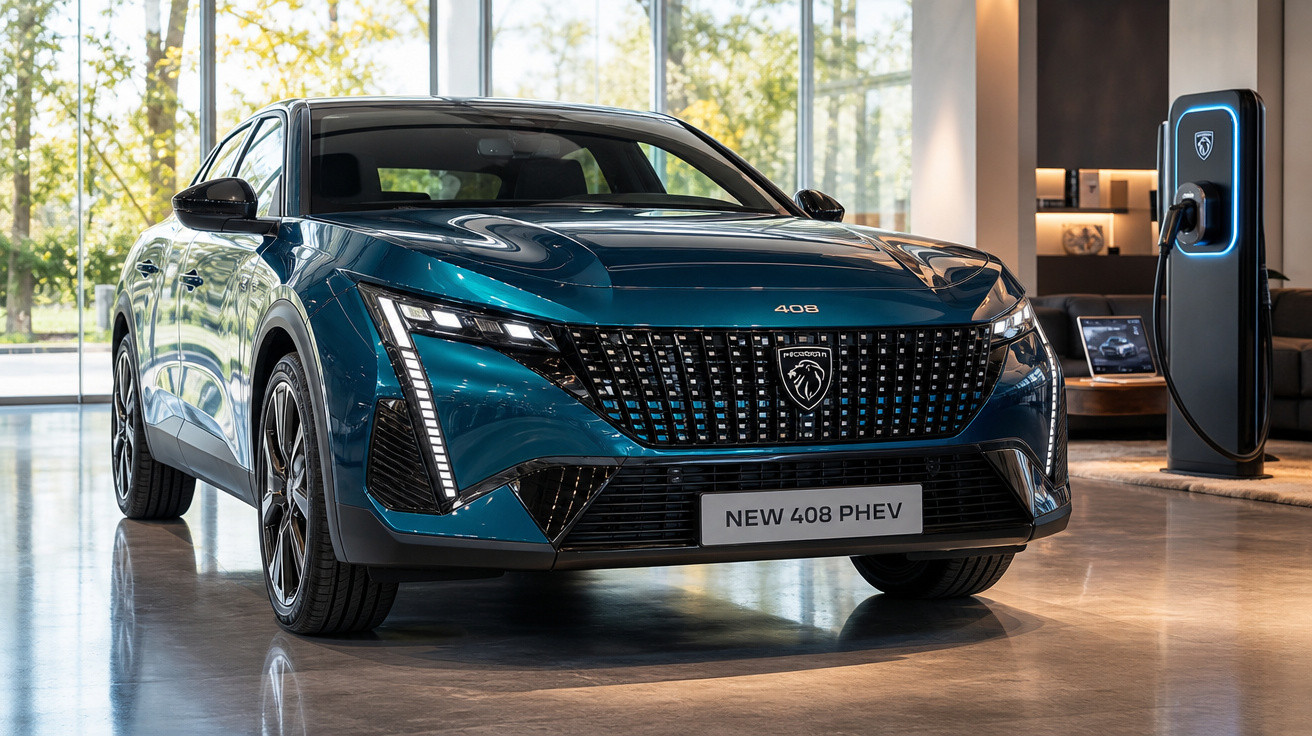 Carro elétrico Peugeot 408 PHEV azul estacionado em showroom ao lado de carregador elétrico.