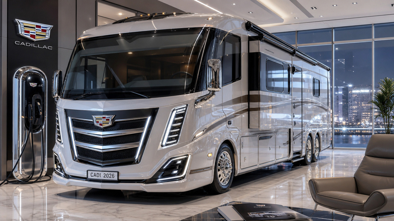 Motorhome de luxo branco da Cadillac em showroom moderno com carregador elétrico e vista noturna da cidade.