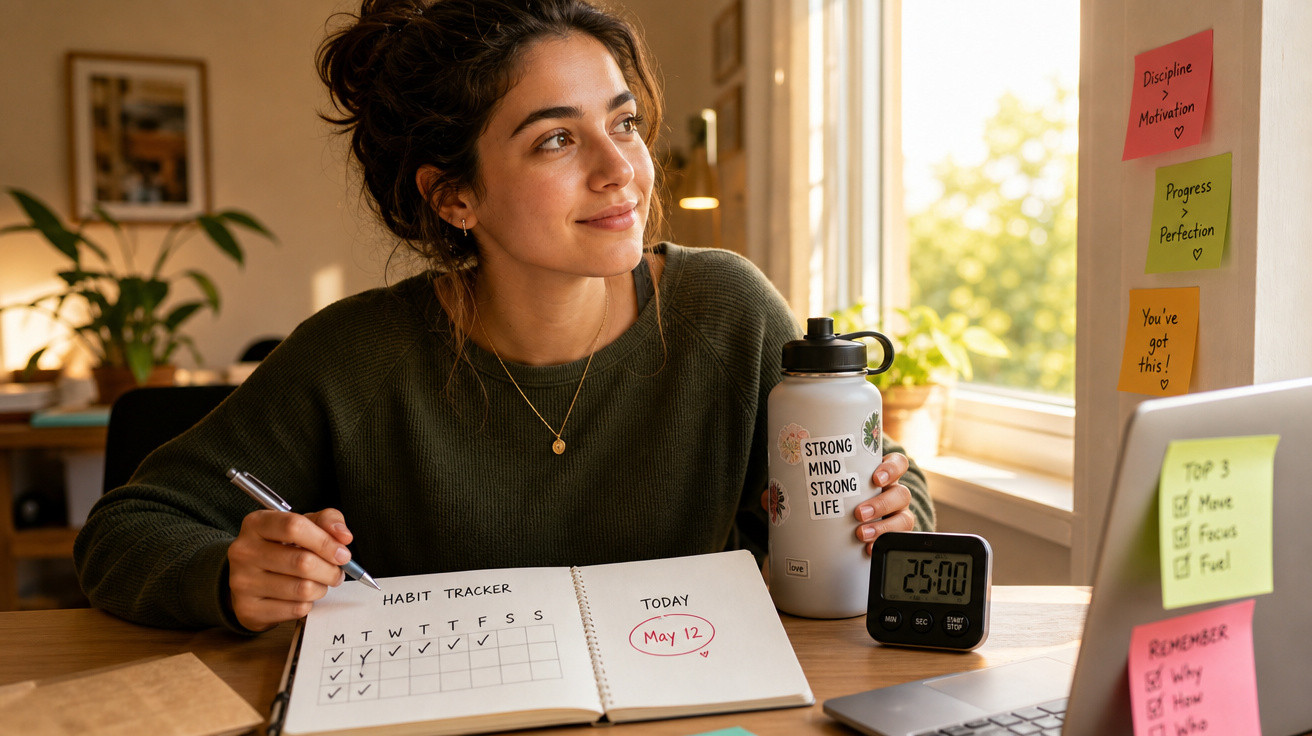 Mulher sorridente com caderno, garrafa d'água e cronômetro, em ambiente de trabalho com notas motivacionais na parede.