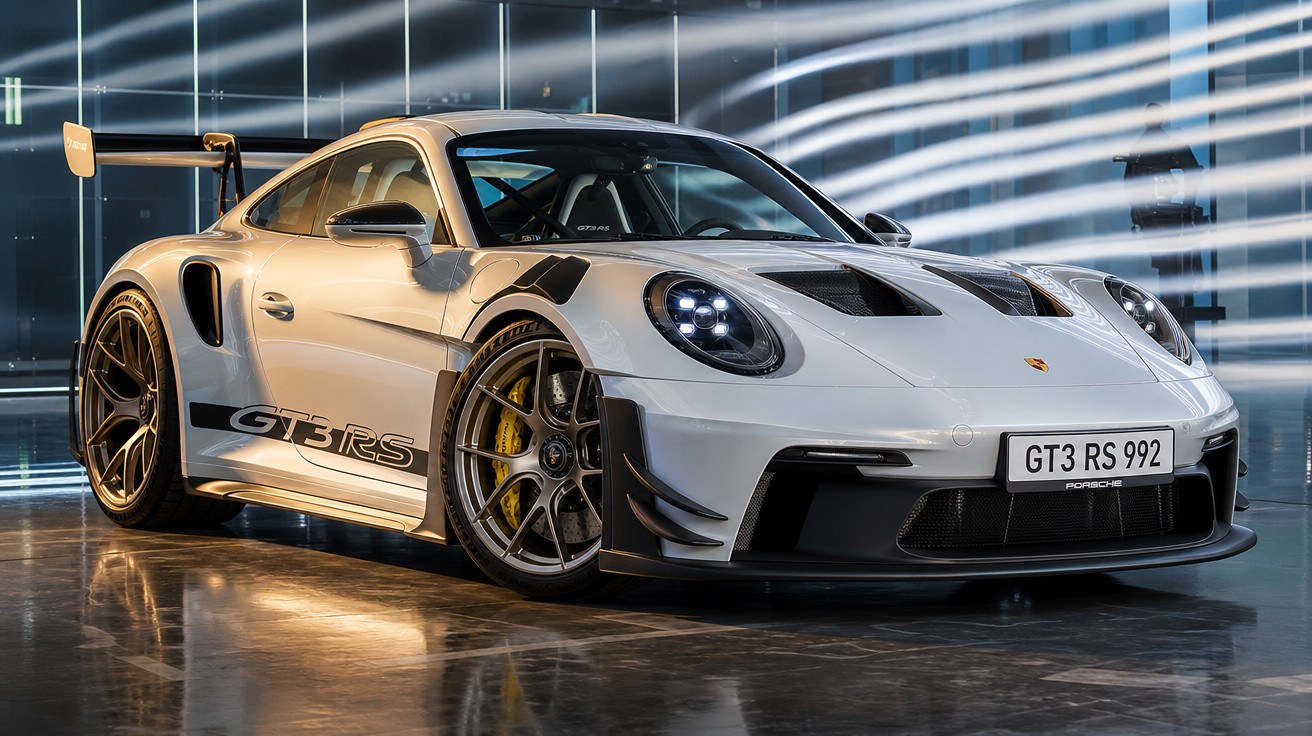 Carro esportivo Porsche GT3 RS branco estacionado em ambiente interno iluminado com luzes azuis.