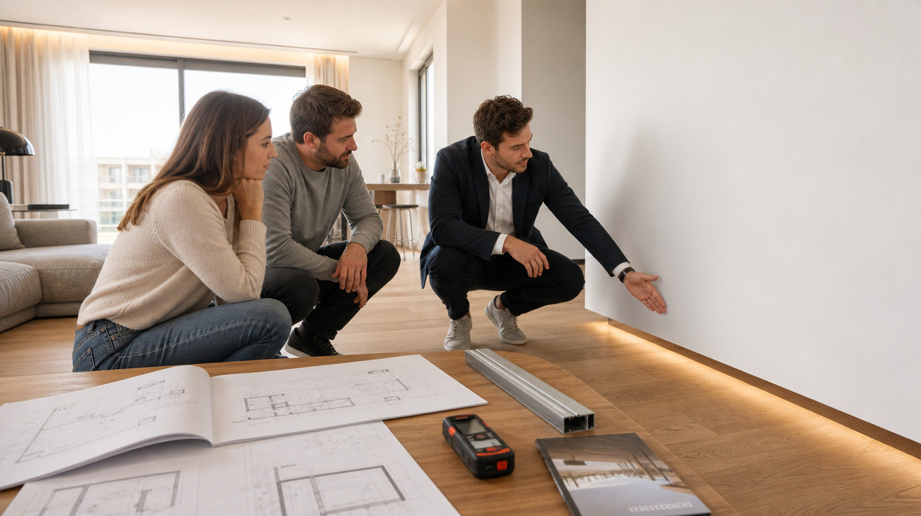 Corretor imobiliário mostrando detalhes do piso para casal em apartamento moderno durante visita.