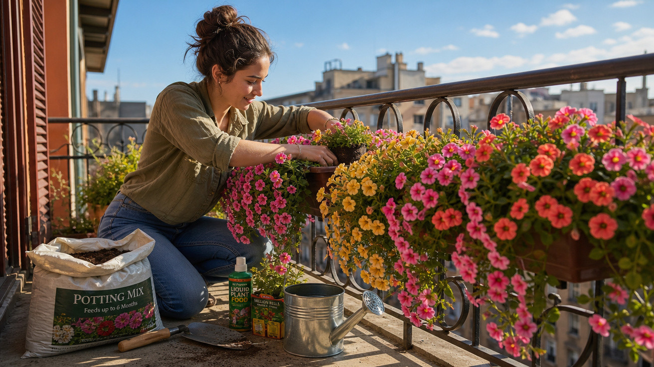 Mulher cuidando de flores coloridas em vasos no parapeito de uma varanda ensolarada.