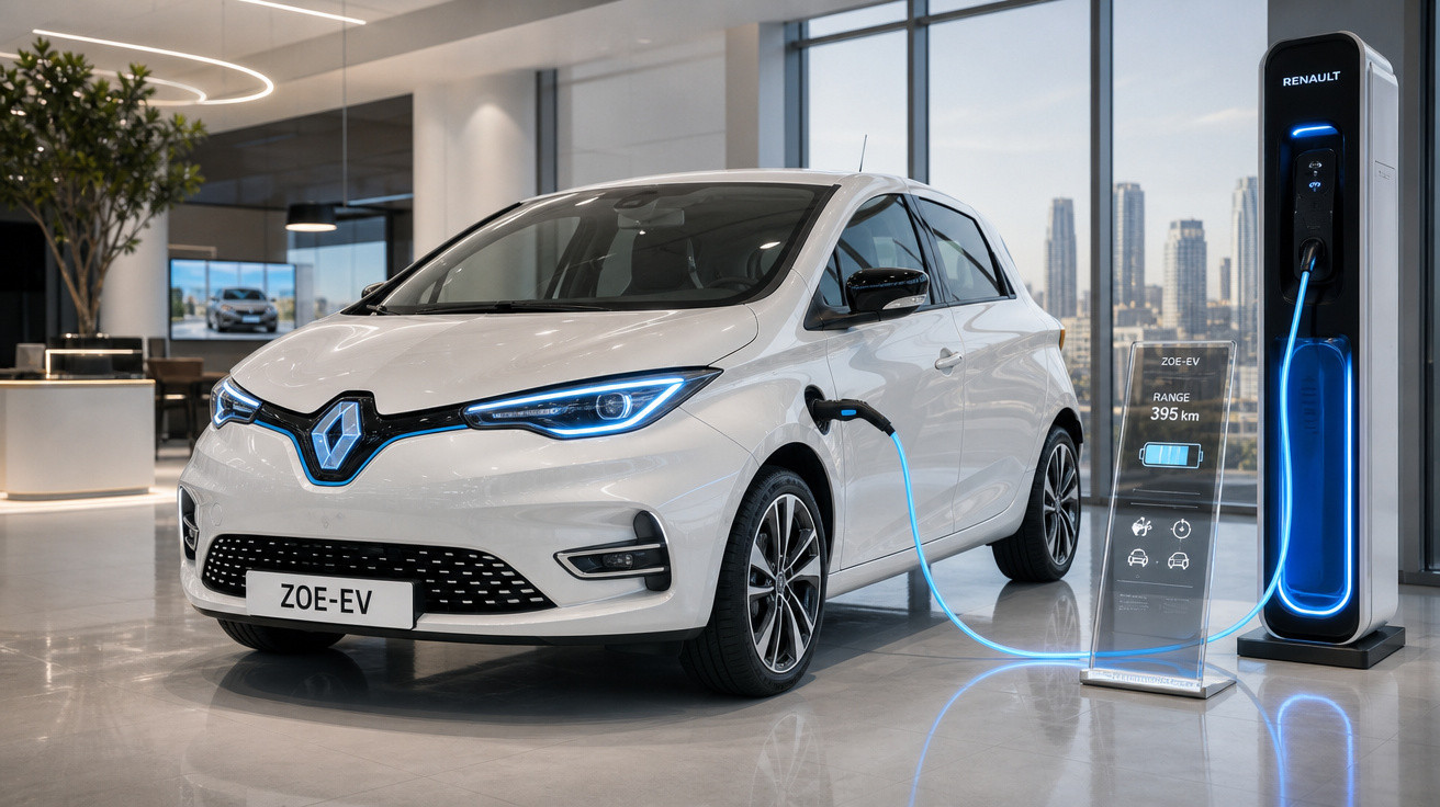 Carro elétrico Renault Zoe EV branco carregando em posto de energia dentro de showroom moderno.