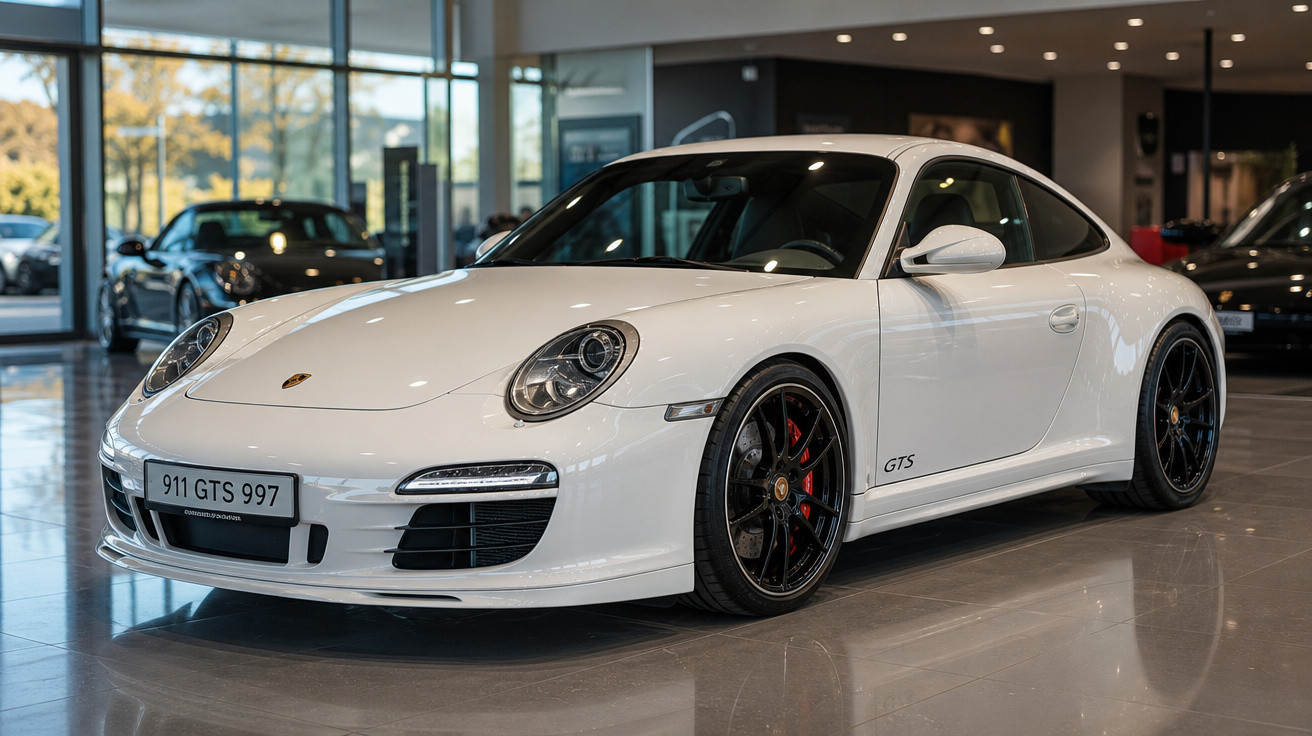 Carro esportivo Porsche 911 GTS 997 branco exibido em salão de automóveis moderno.