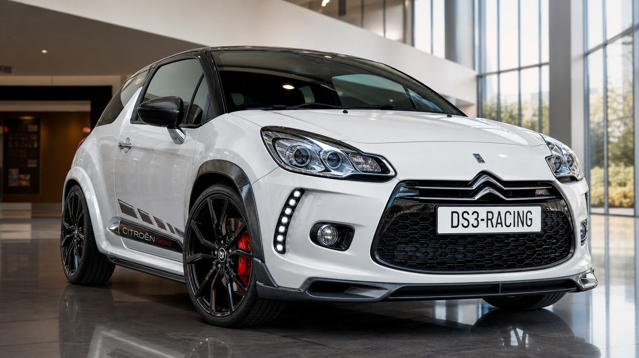 Carro Citroën DS3 Racing branco com detalhes pretos, rodas esportivas e freios vermelhos em ambiente interno.