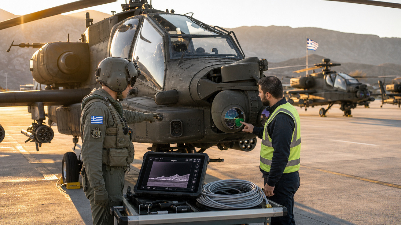 Piloto e técnico inspecionam helicóptero de ataque militar em base aérea durante o pôr do sol.