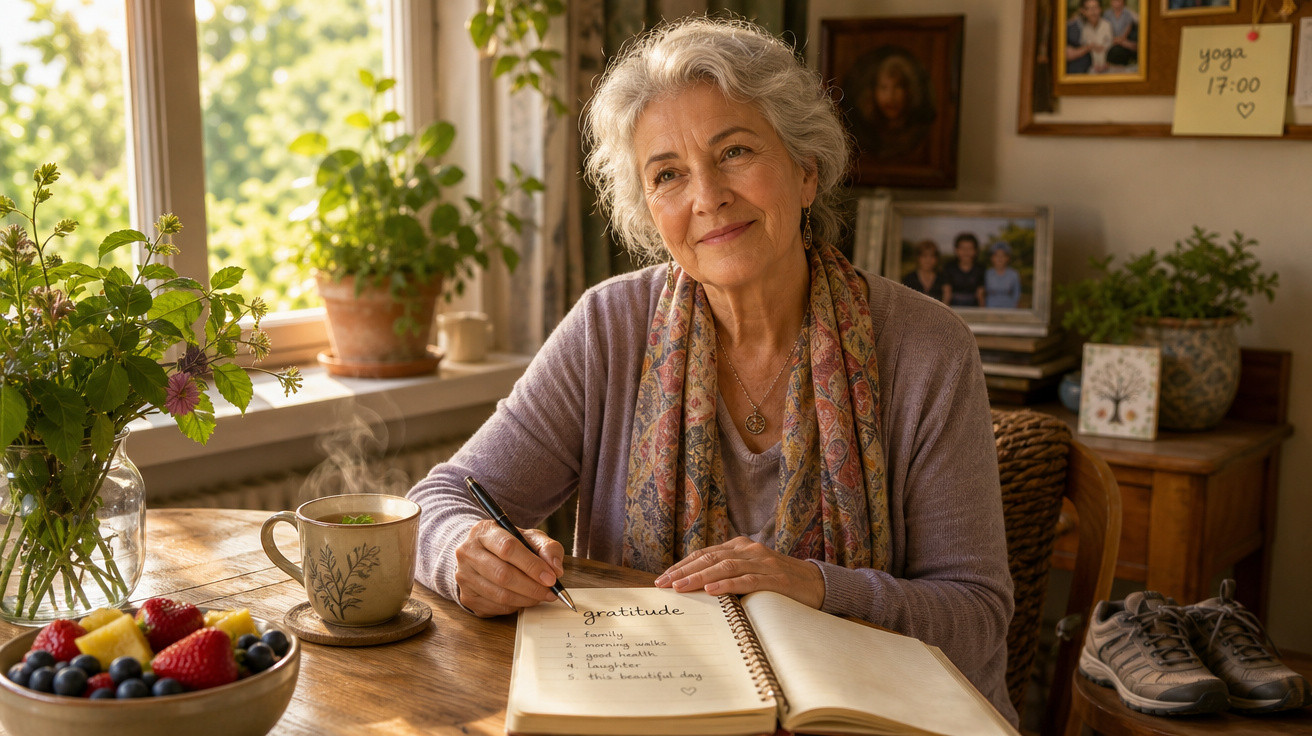 Mulher idosa escrevendo em um caderno na mesa com frutas, chá e plantas ao redor.