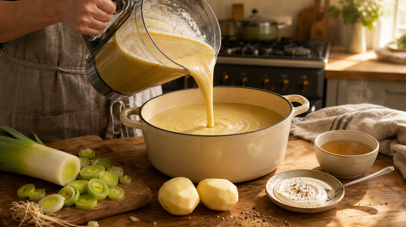 Pessoa derramando sopa cremosa em panela cercada por alho-poró, batatas e temperos em bancada de madeira.