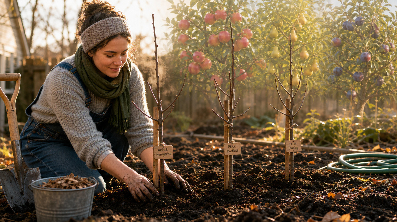 Mulher plantando mudas de árvores frutíferas em jardim ensolarado com maçãs, peras e ameixas.