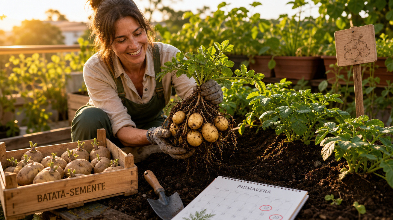 Mulher sorridente colhendo batatas na horta, com caixa de batata-semente e calendário primavera.