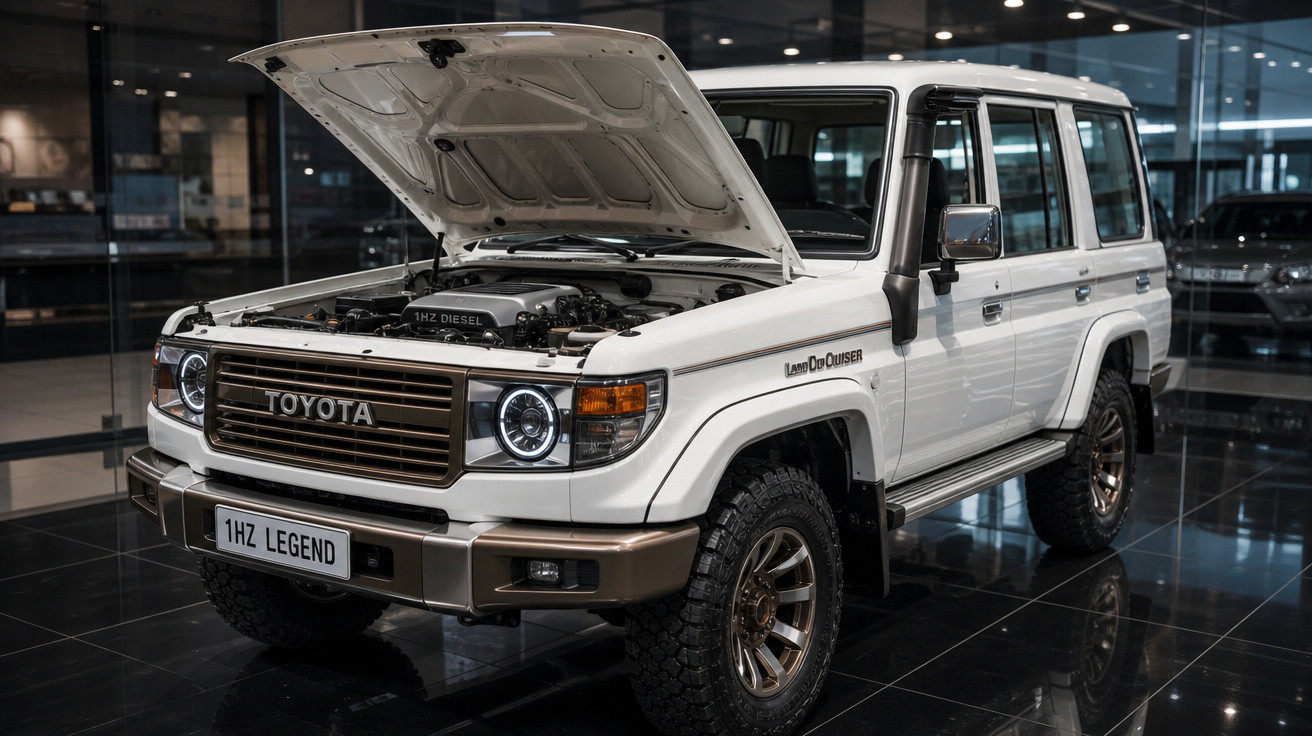 Toyota Land Cruiser branco com capô aberto exibindo motor em showroom moderno.