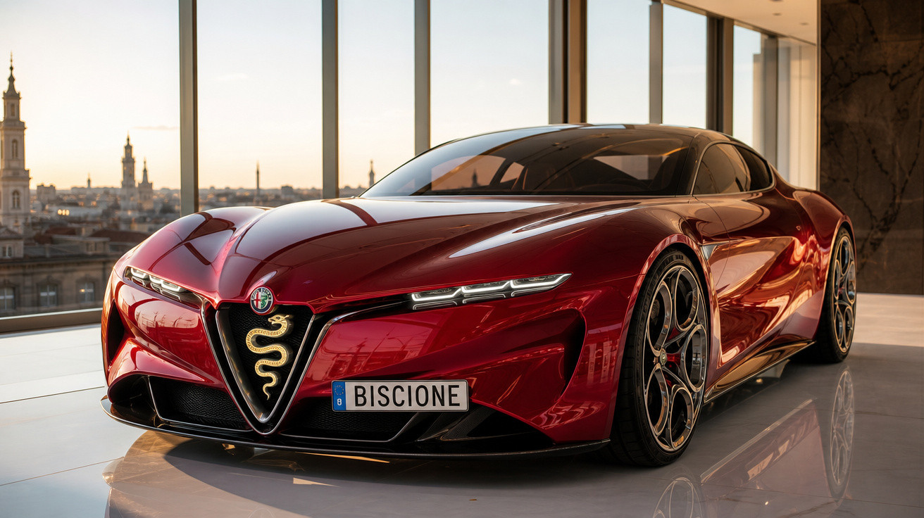 Carro esportivo vermelho Alfa Romeo com design futurista estacionado em ambiente interno com vista urbana ao fundo.