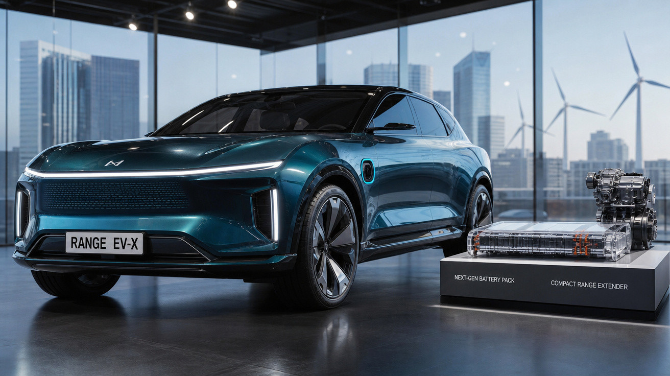 Carro elétrico azul metálico Range EV-X exposto em showroom moderno com maquetes de bateria e motor.