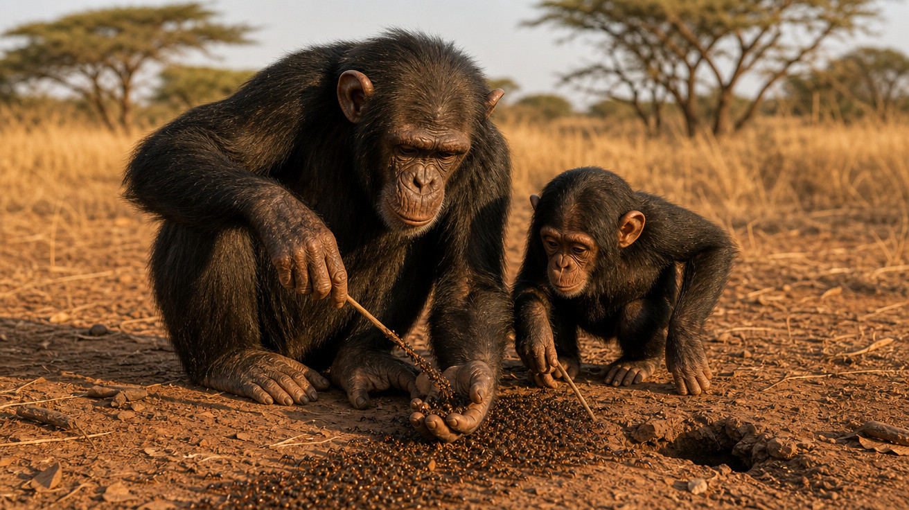 Dois chimpanzés usando gravetos para pegar formigas no chão seco de uma savana.