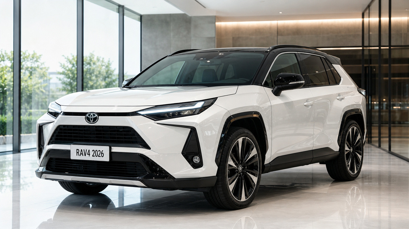 SUV Toyota RAV4 2026 branco estacionado em ambiente interno moderno e iluminado.