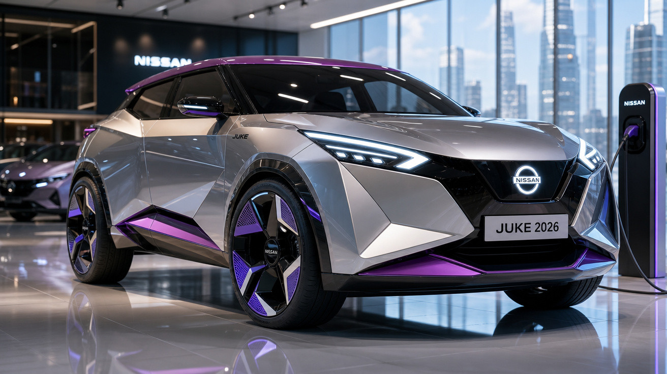Carro elétrico conceito Nissan Juke 2026 cinza com detalhes roxos em showroom moderno.