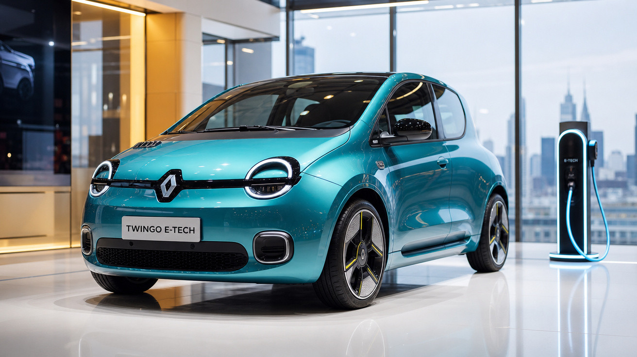Carro elétrico Renault Twingo E-Tech azul exibido em showroom moderno com estação de recarga ao fundo.