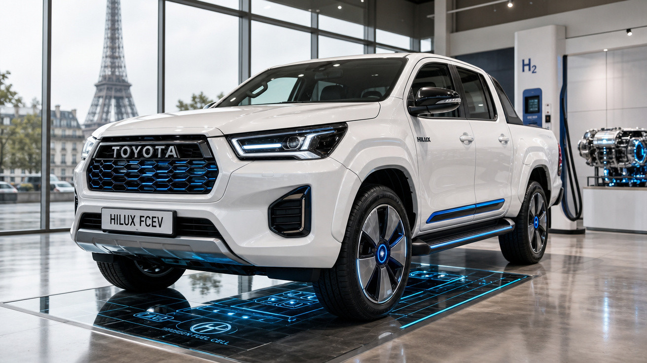 Picape Toyota Hilux FCEV branca em exposição, com torre Eiffel ao fundo, em ambiente interno moderno.