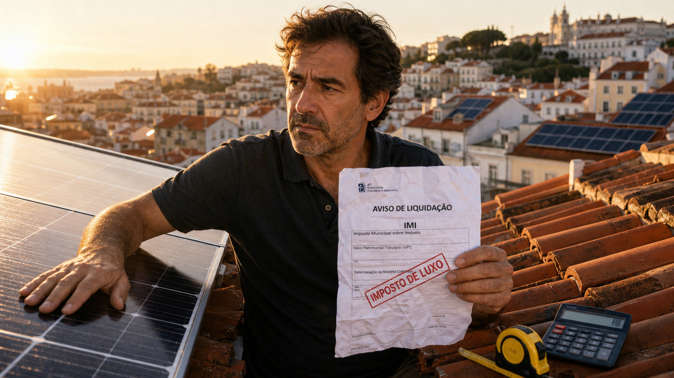 Homem sentado em telhado com painéis solares, segurando papel com carimbo "IMPOSTO DE LUXO" ao pôr do sol.