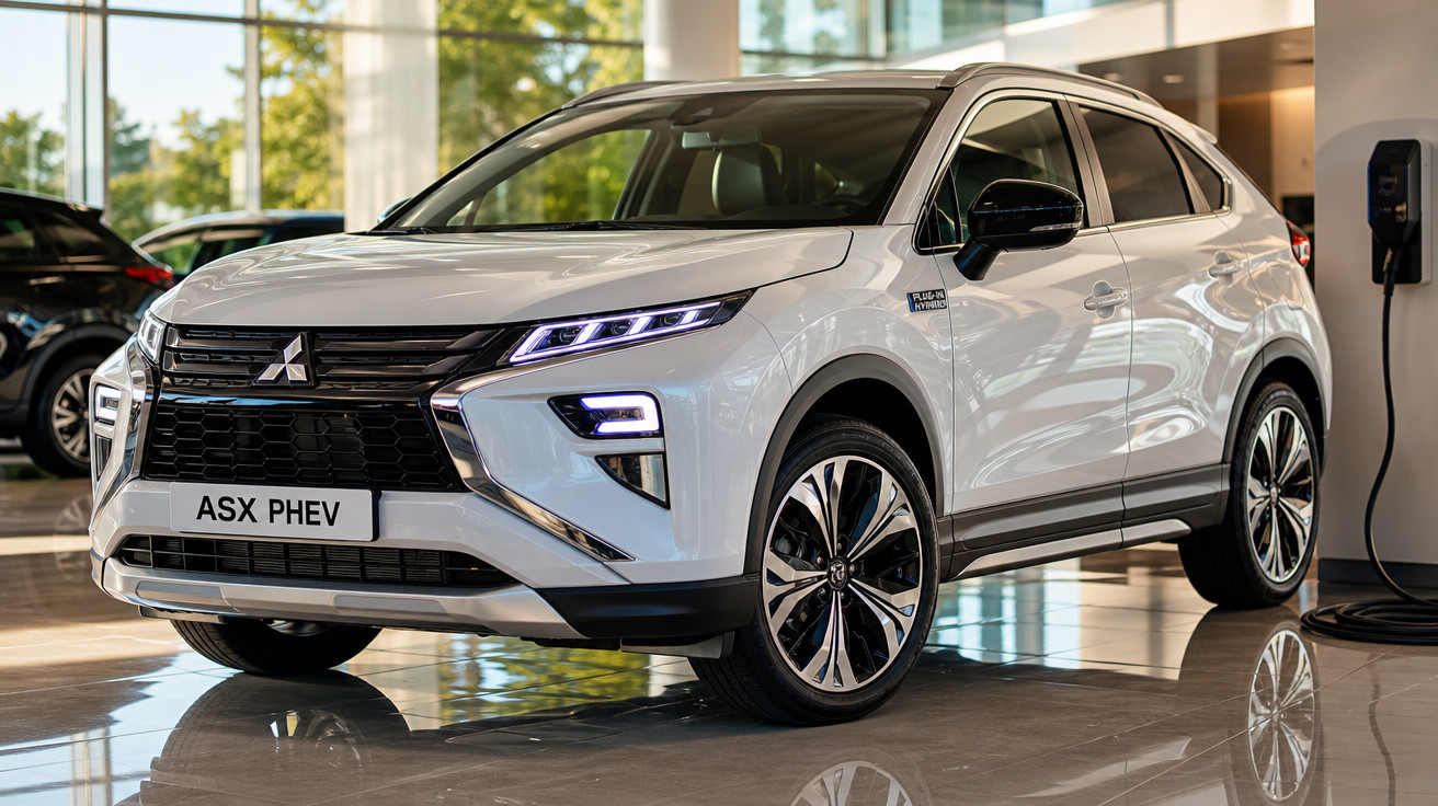 Carro branco SUV Mitsubishi ASX PHEV elétrico em exposição dentro de showroom moderno.