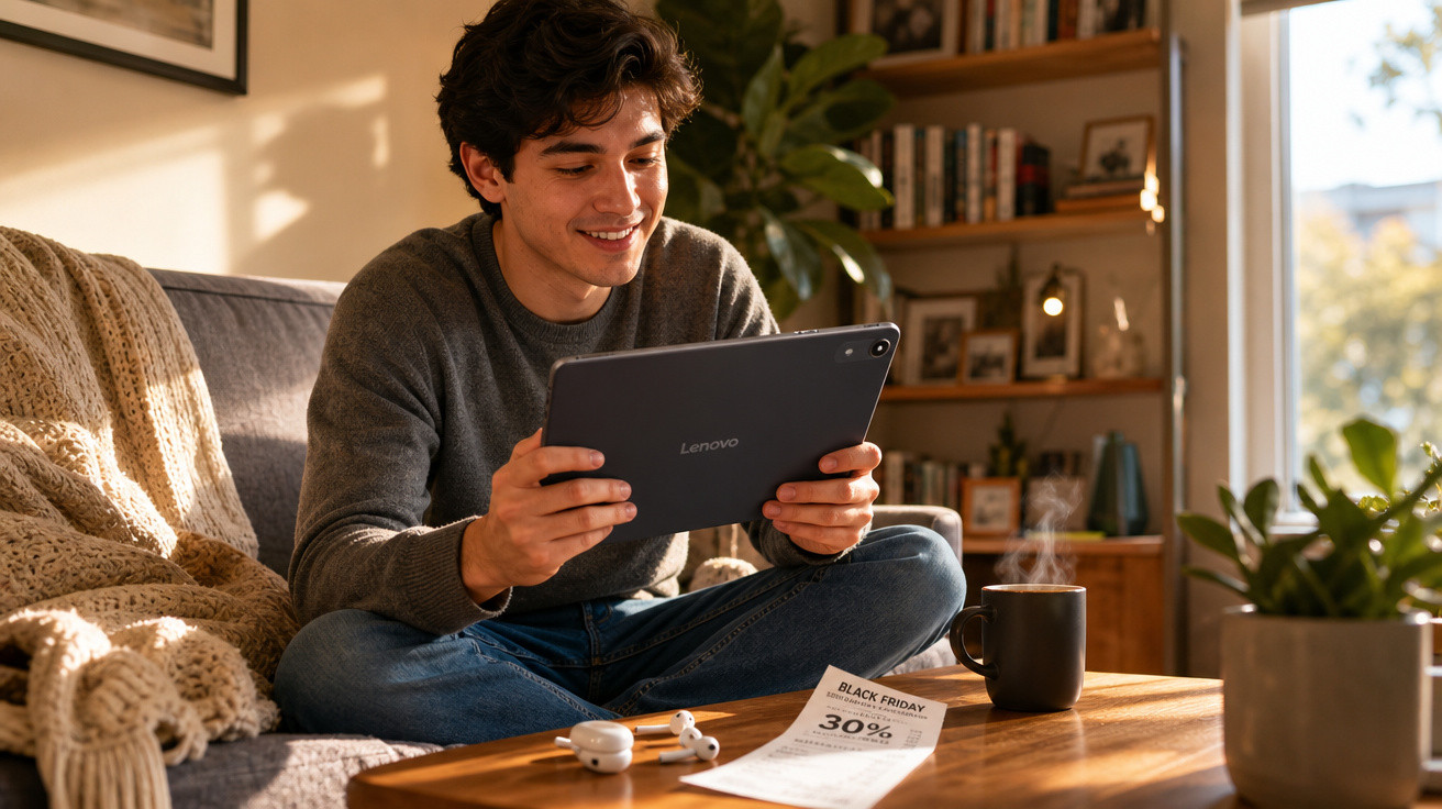 Jovem sentado no sofá, sorrindo e segurando tablet Lenovo com recibo de promoção e café na mesa.