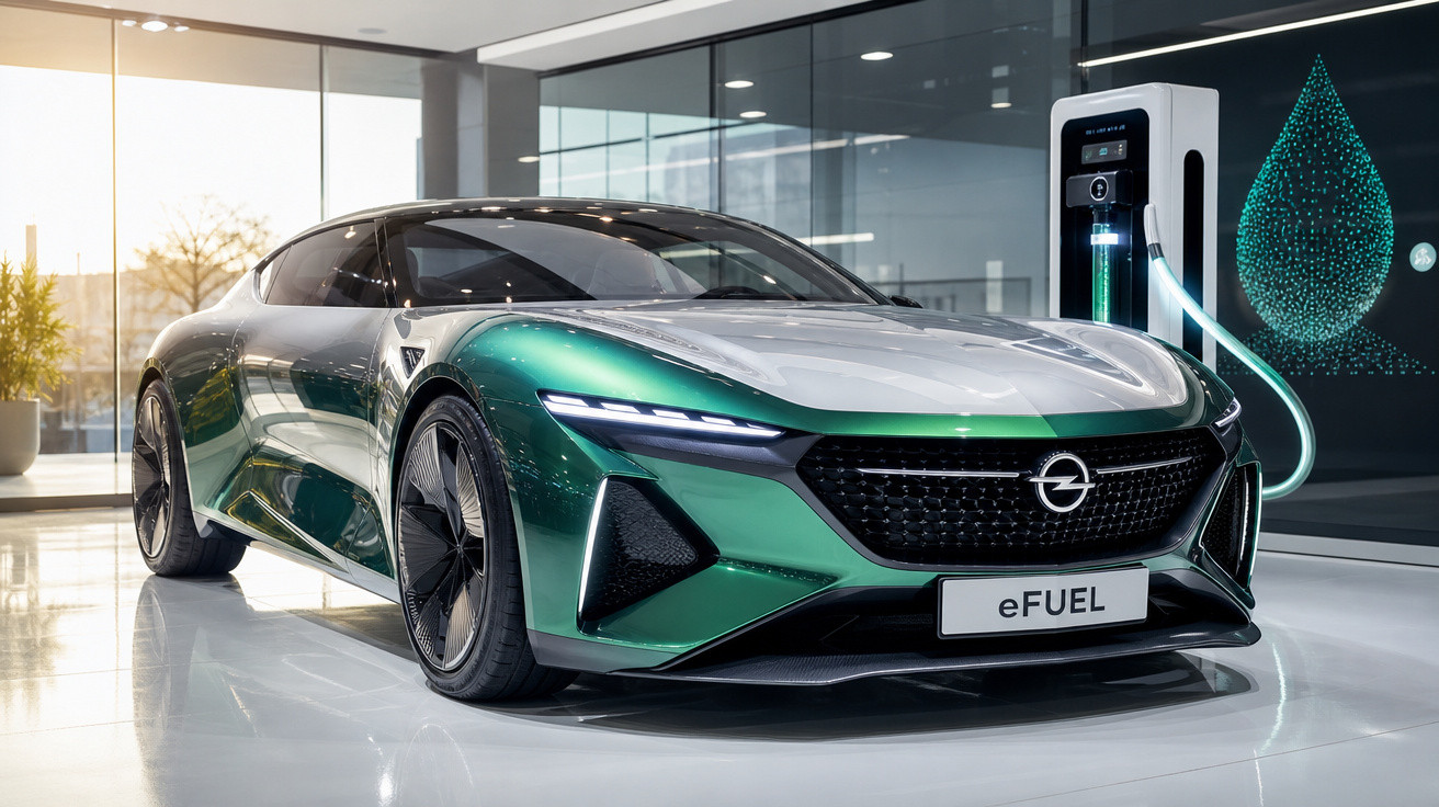 Carro elétrico esportivo verde e prata da Opel com design futurista conectado a estação de recarga.