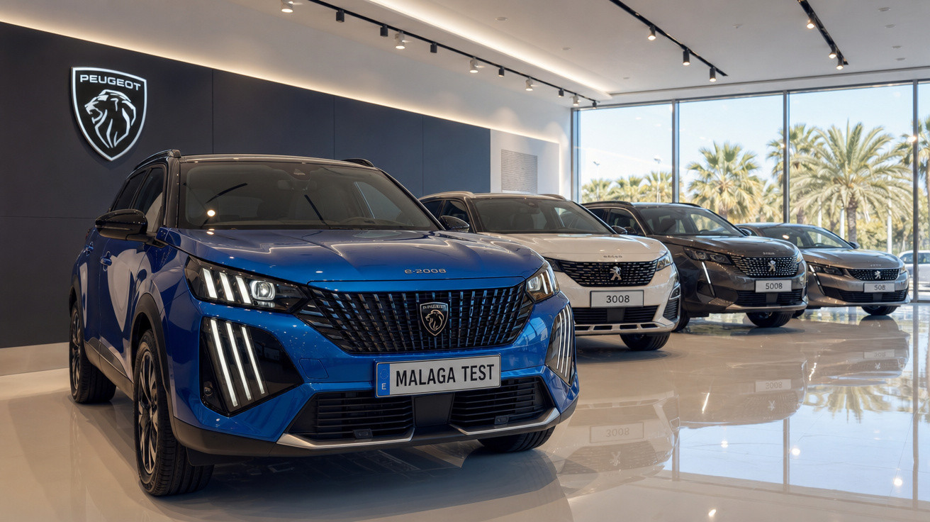 Showroom da Peugeot com quatro carros expostos, sendo o destaque um SUV azul em primeiro plano.