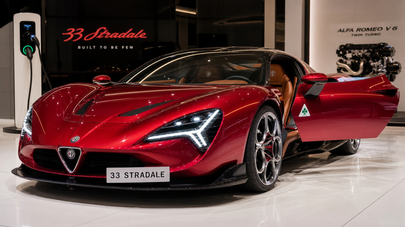 Carro esportivo vermelho Alfa Romeo 33 Stradale com porta aberta em exposição interna.