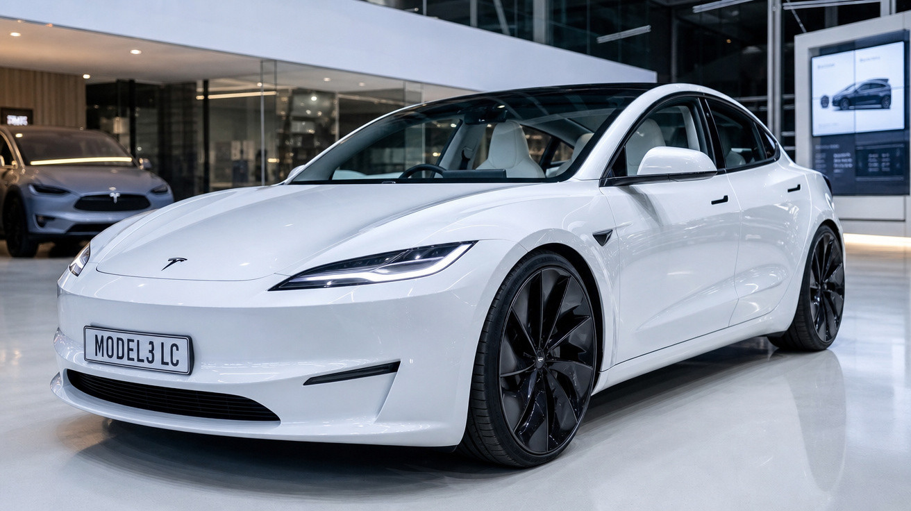 Carro elétrico Tesla Model 3 branco exibido em salão com rodas pretas e design moderno.