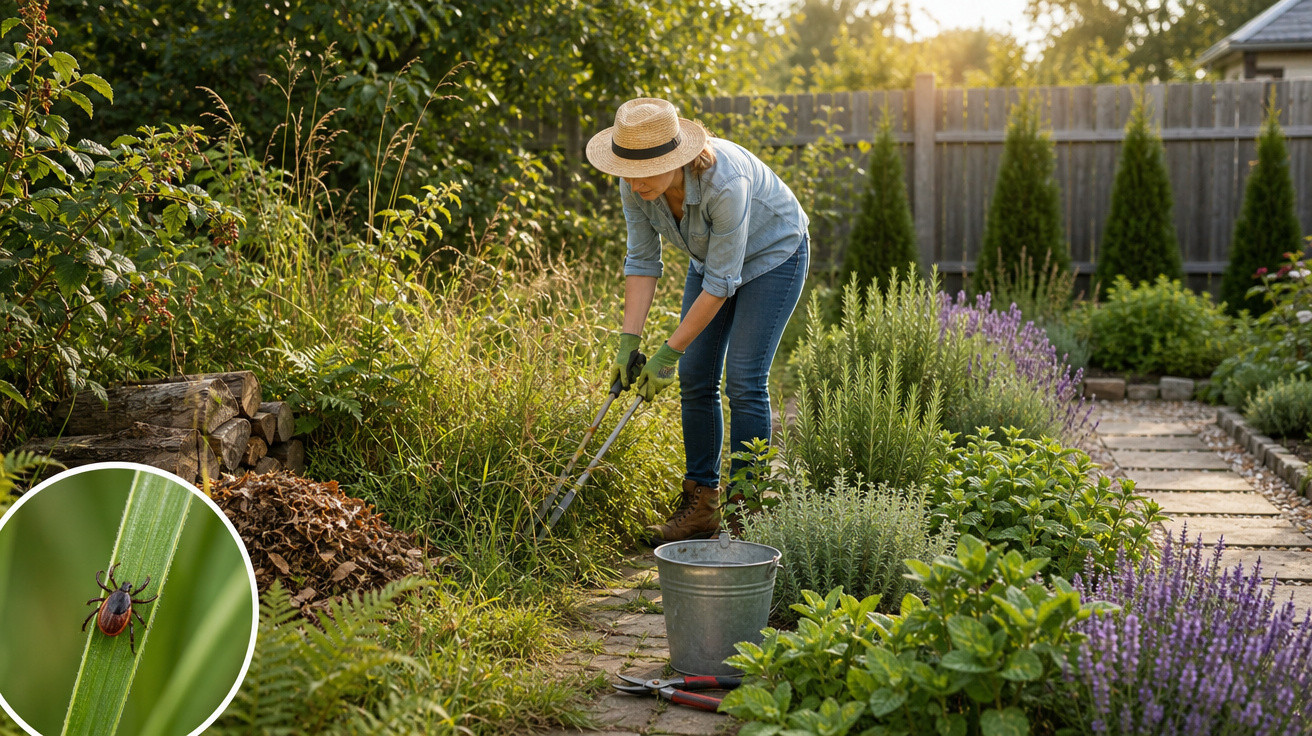 Mulher cuidando do jardim com tesoura de poda, usando chapéu e luvas, moita e inseto em destaque.