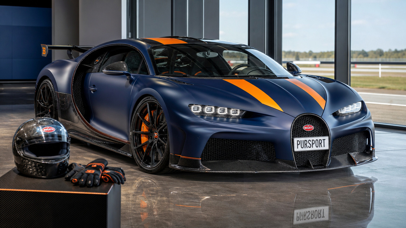 Carro esportivo Bugatti Chiron azul com faixa laranja, capacete e luvas ao lado em garagem iluminada.