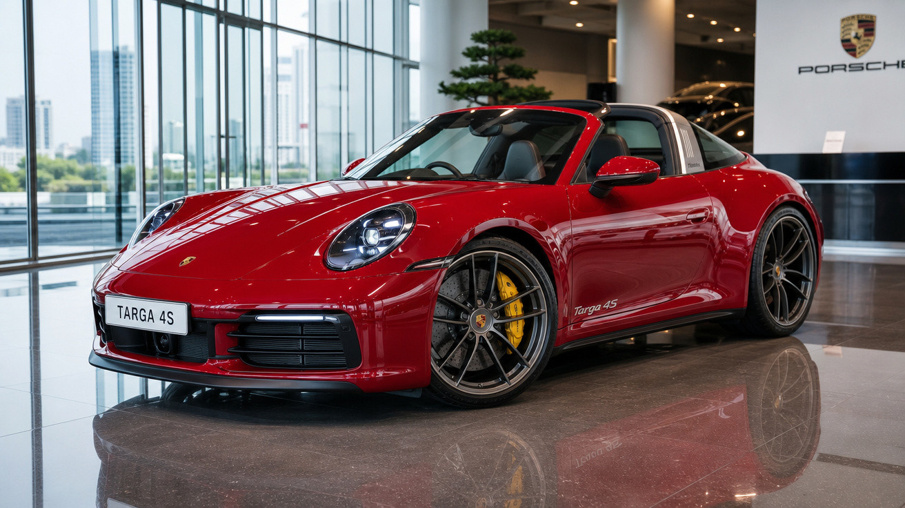 Carro esportivo Porsche Targa 4S vermelho em exposição dentro de showroom moderno.