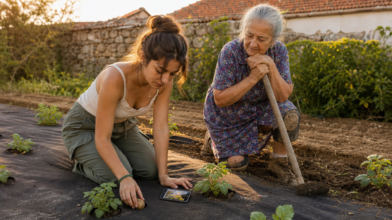 Jovem e idosa cuidam juntas de plantas na horta, usando celular como referência ao entardecer.
