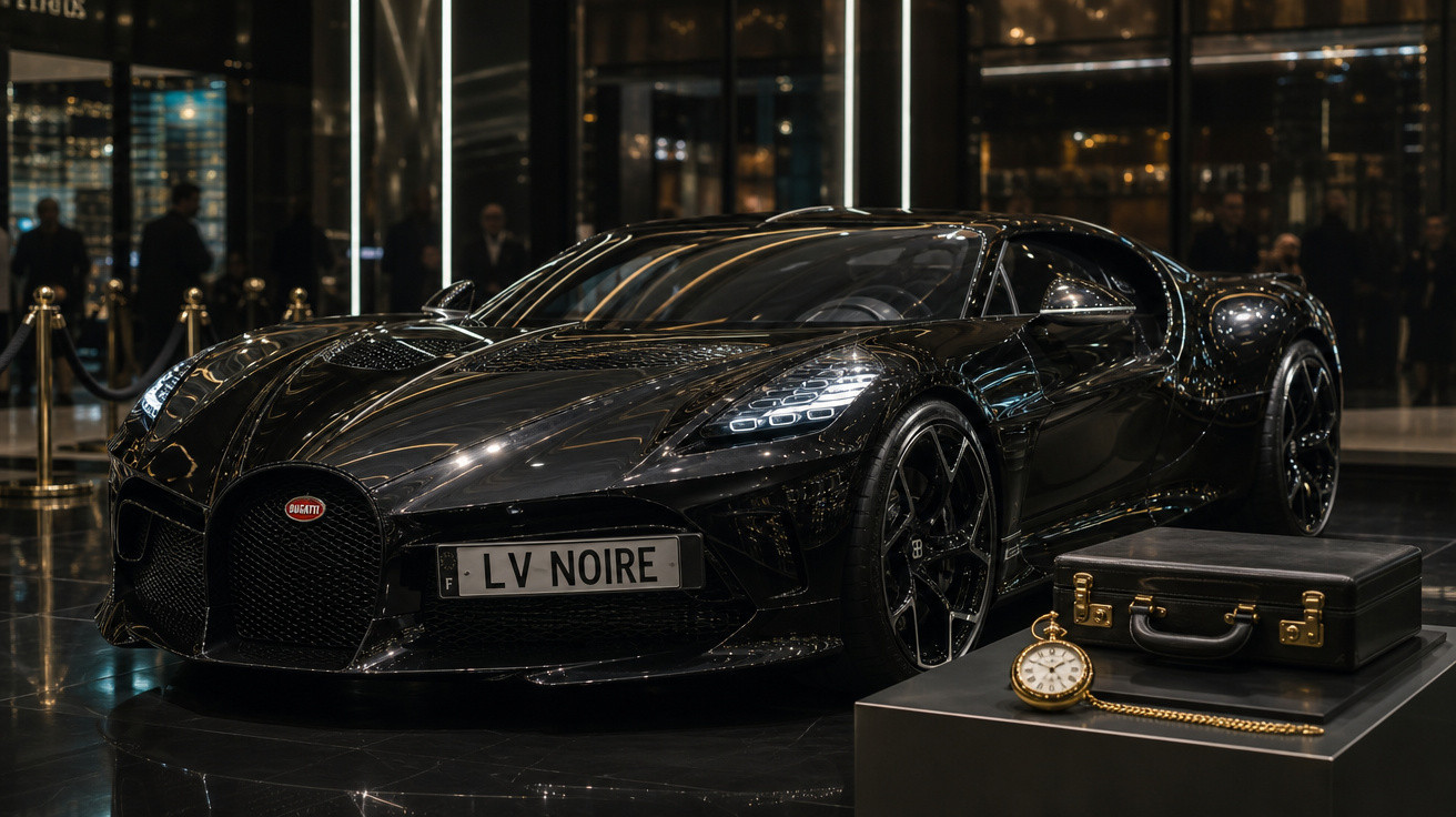 Carro esportivo Bugatti preto brilhante em exposição com maleta preta e relógio de bolso dourado ao lado.