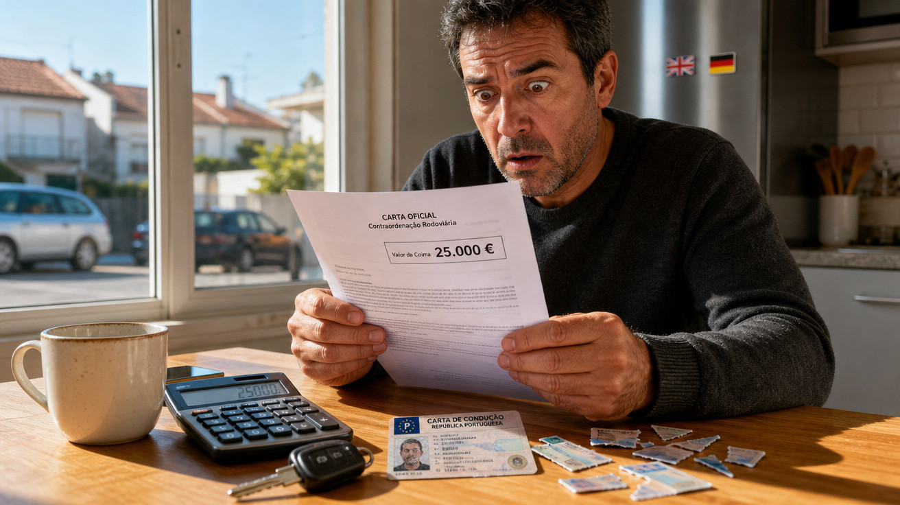 Homem surpreso lendo uma carta oficial de notificação de dívida no valor de 25.000 euros em uma mesa.