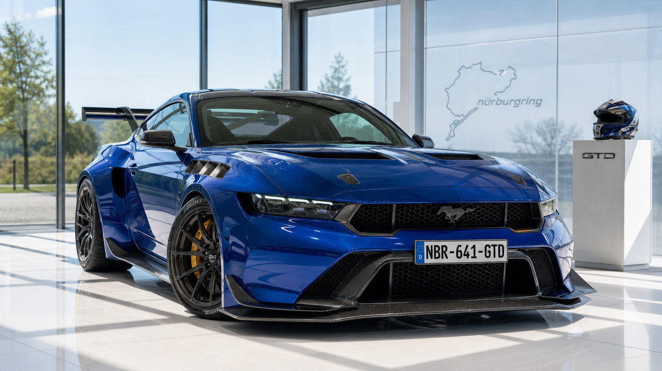 Carro esportivo azul com design agressivo em exposição dentro de showroom moderno com parede de vidro.