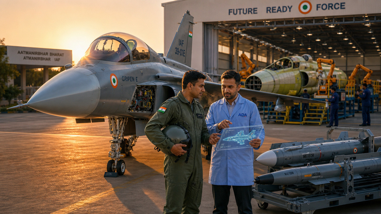 Dois homens conversam ao lado de um caça Gripen E e equipamento militar em hangar ao pôr do sol.