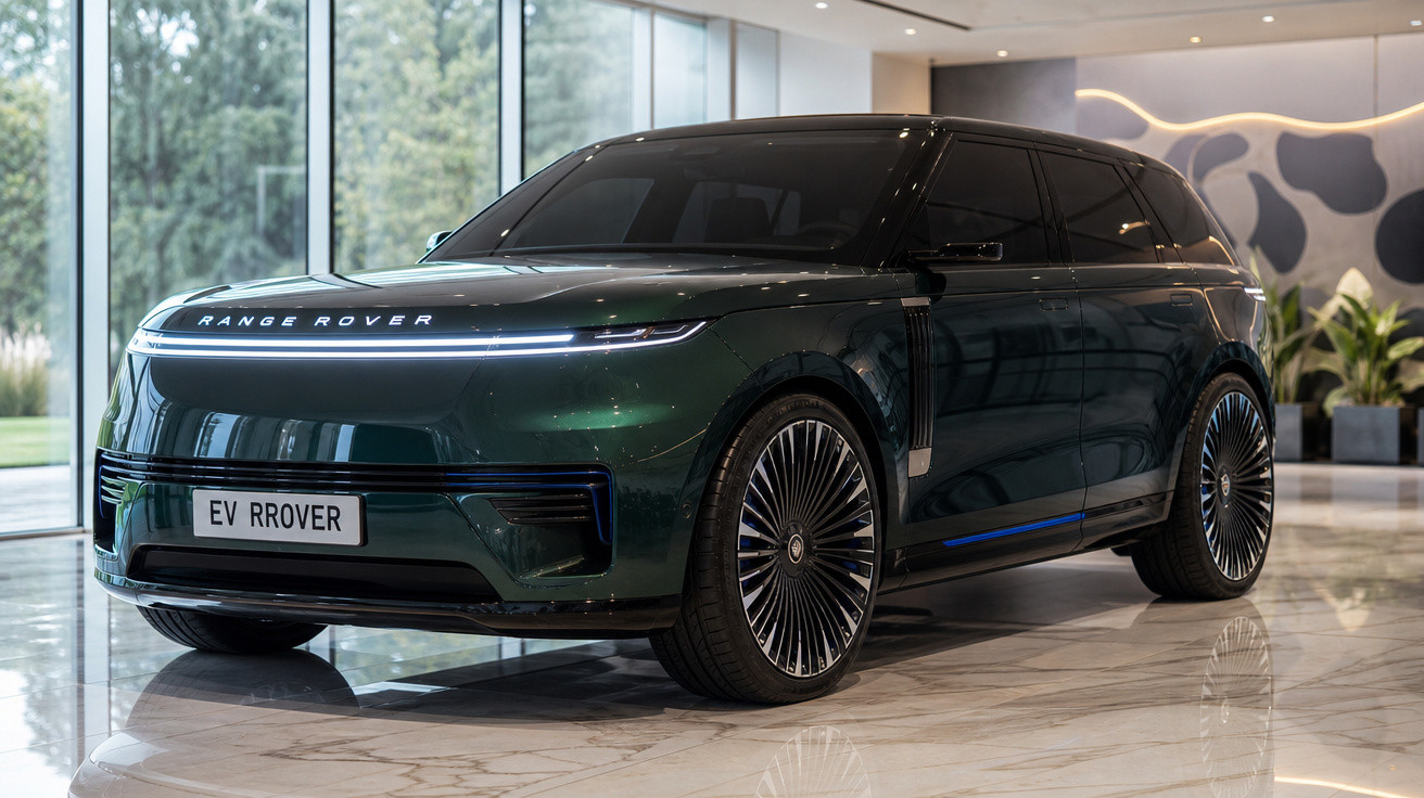 Carro SUV elétrico Range Rover verde escuro em showroom moderno com piso de mármore refletindo o veículo.