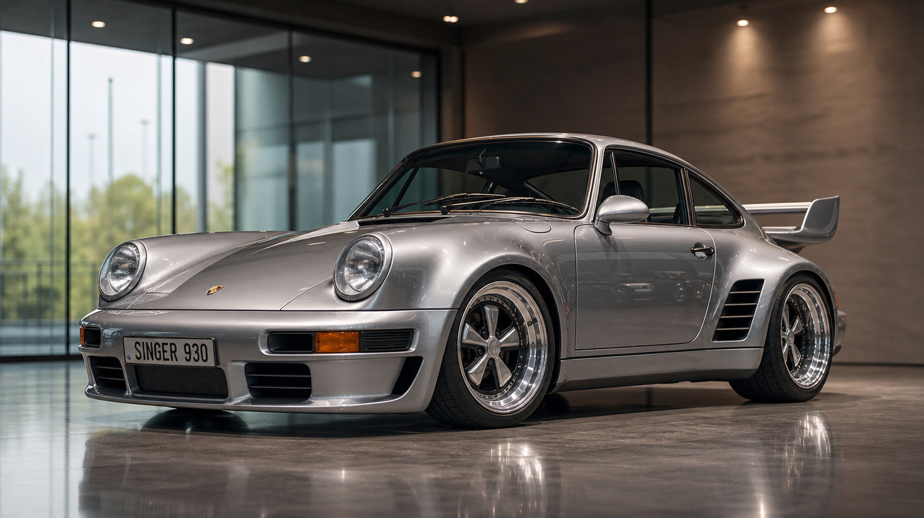 Carro esportivo prata Porsche clássico estacionado em ambiente interno moderno com piso refletivo.