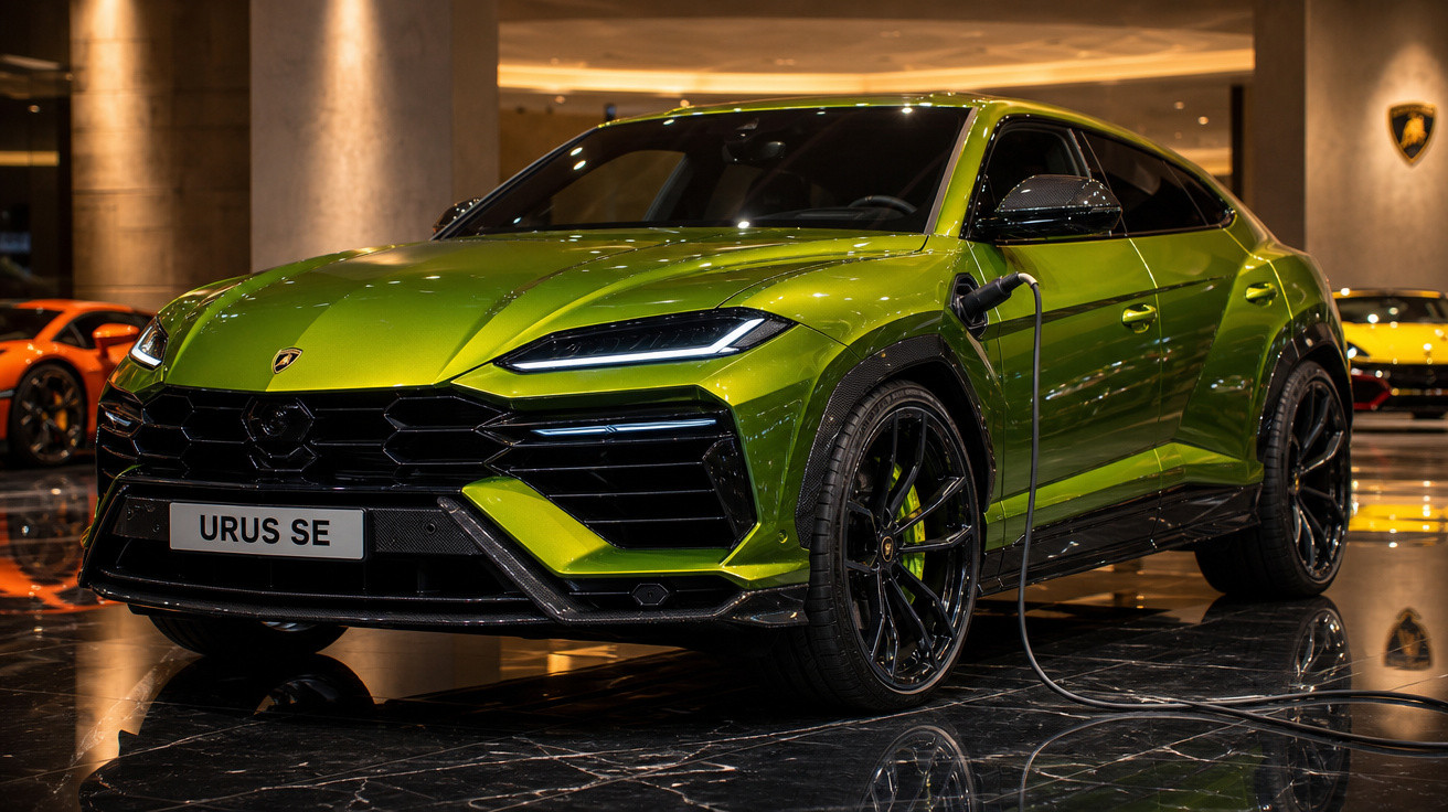 Carro esportivo SUV Lamborghini Urus SE verde carregando em ponto de recarga interno.