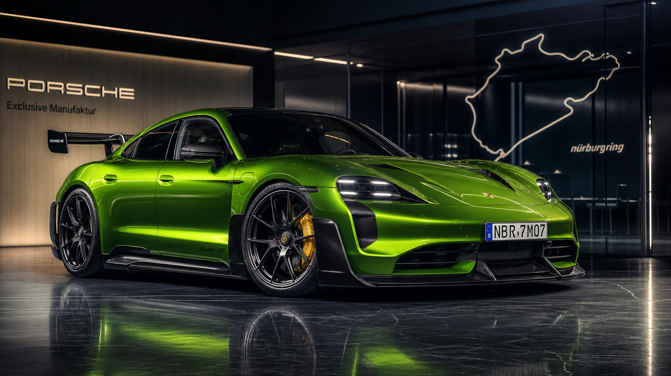 Carro esportivo Porsche Taycan verde estacionado em showroom com pista Nürburgring ao fundo.