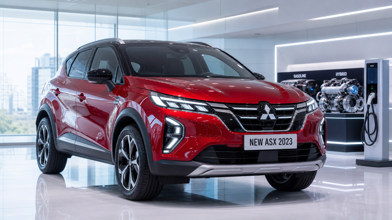 SUV Mitsubishi ASX 2023 vermelho exibido em showroom moderno com iluminação natural.