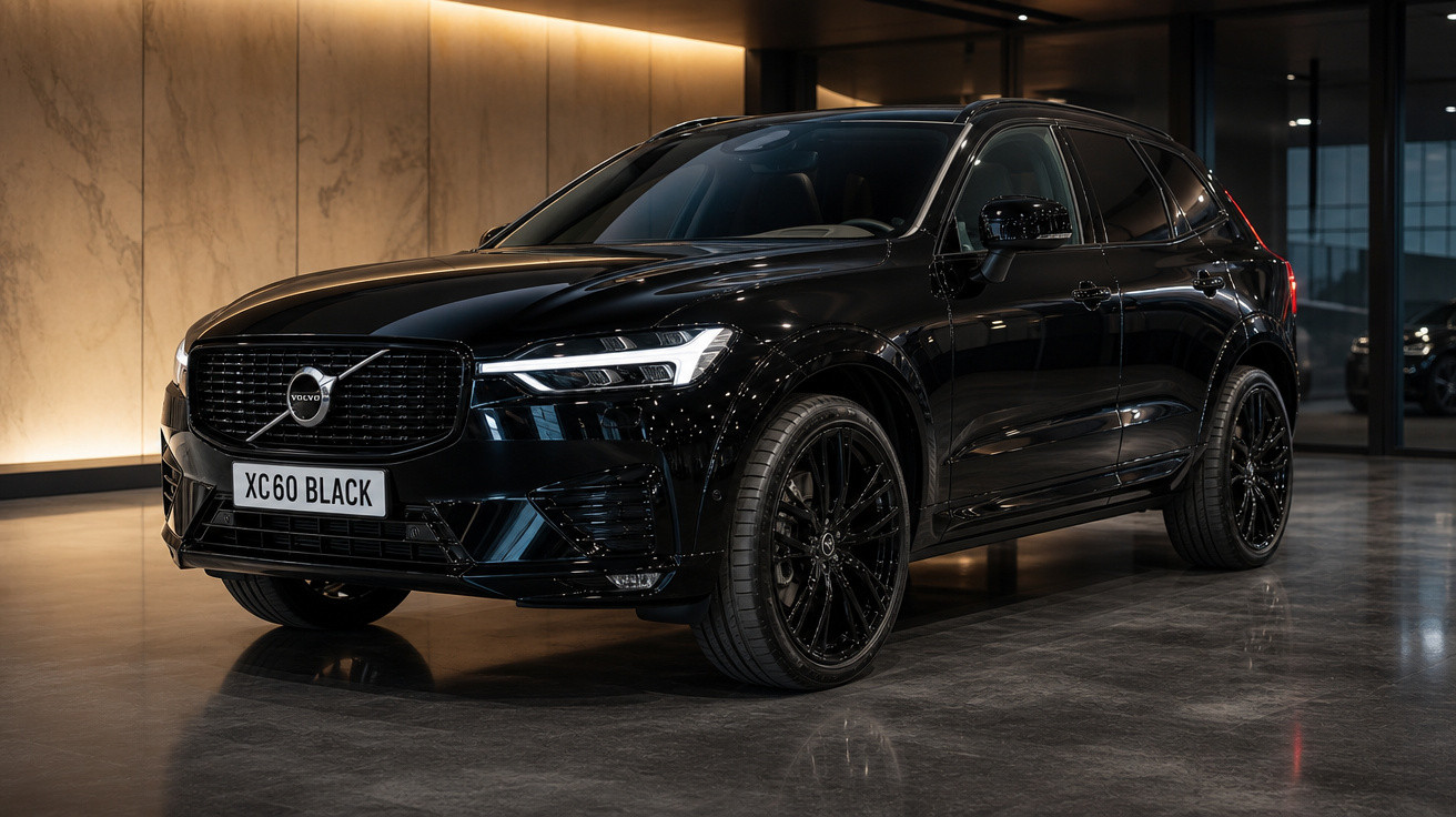 SUV Volvo XC60 preto estacionado em ambiente interno com iluminação quente e piso refletivo.