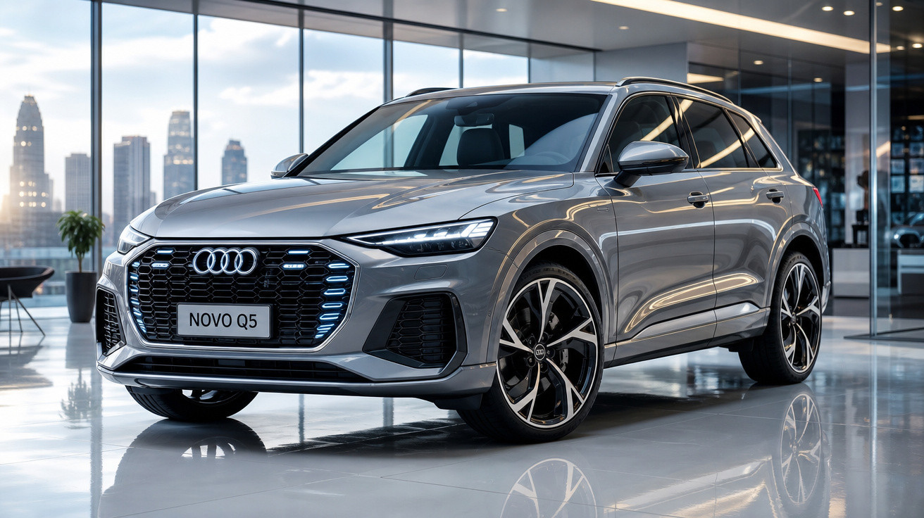 Audi Novo Q5 cinza estacionado em showroom moderno com fundo de prédios urbanos.