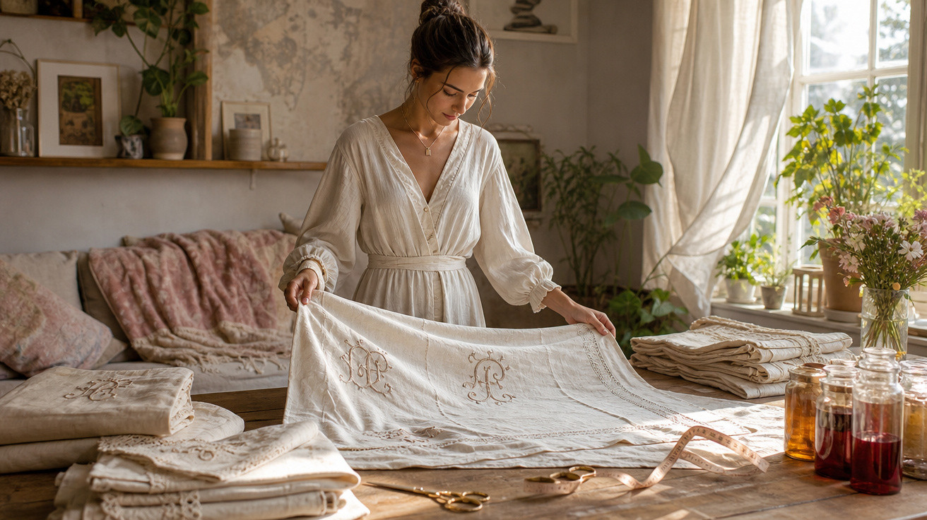 Mulher em vestido branco examinando tecido bordado em ambiente acolhedor com plantas e luz natural.