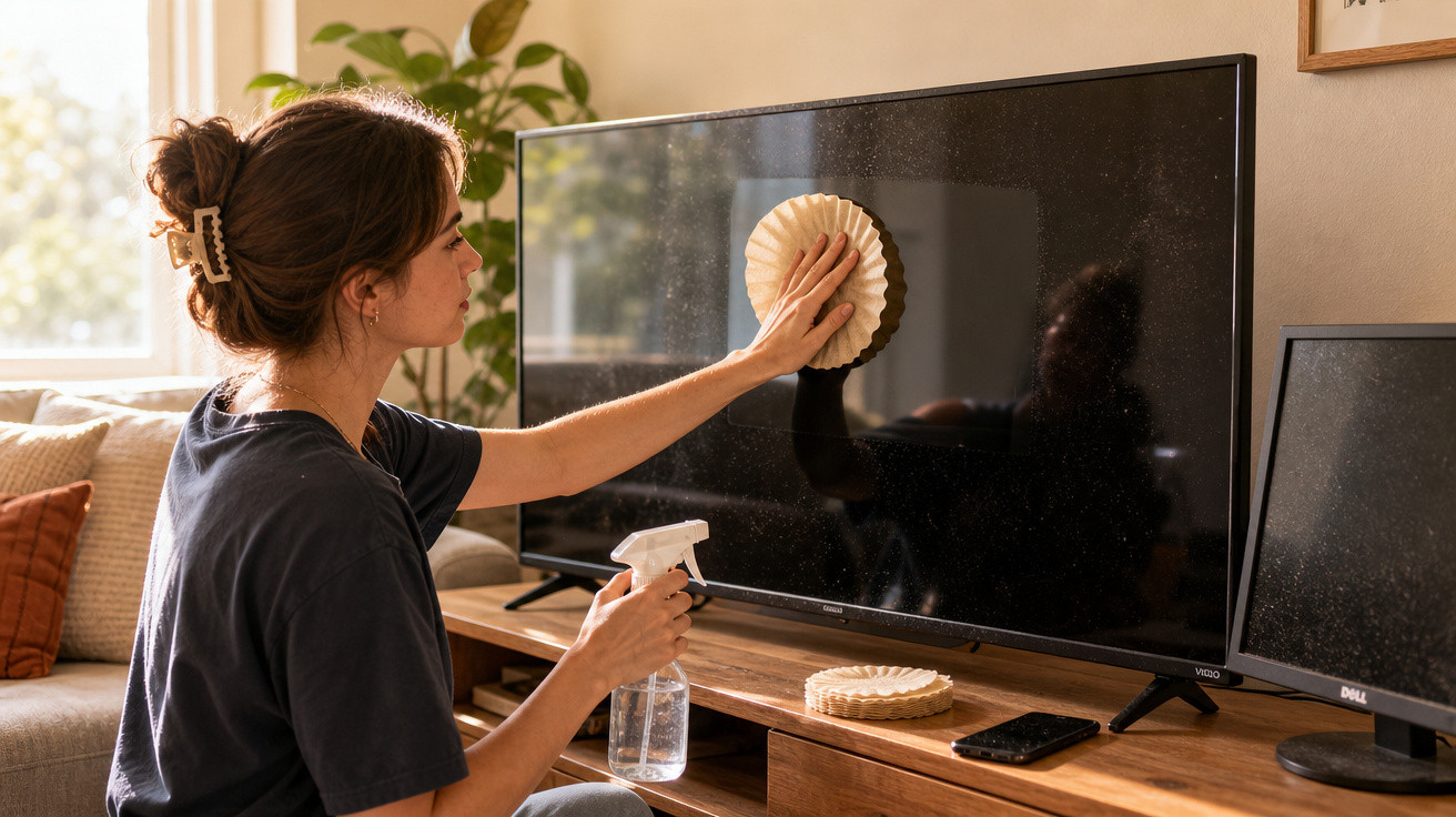 Mulher limpando a tela da TV com pano e borrifador em sala de estar iluminada.