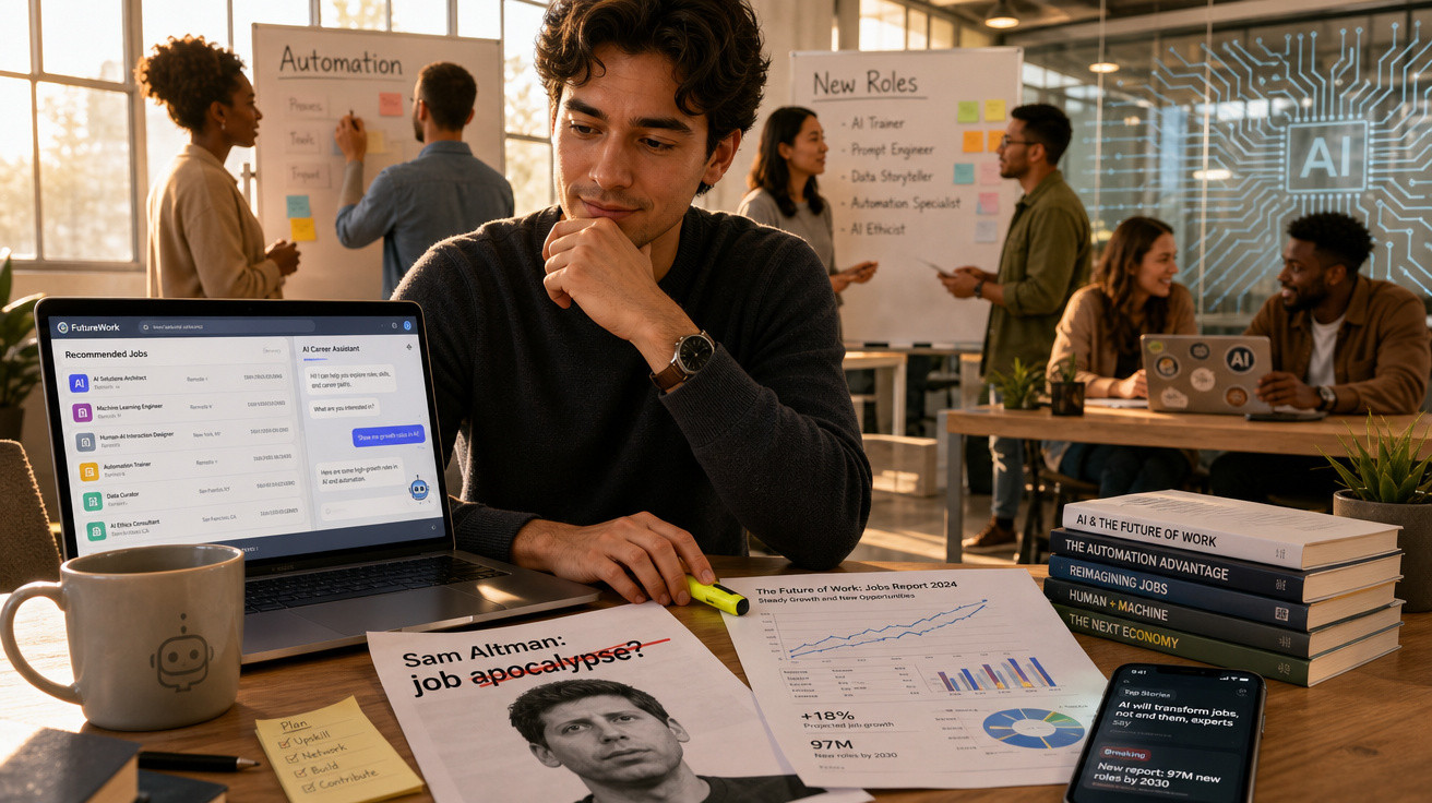 Homem analisa dados sobre empregos futuros de IA em ambiente de escritório com livros e colegas ao fundo.