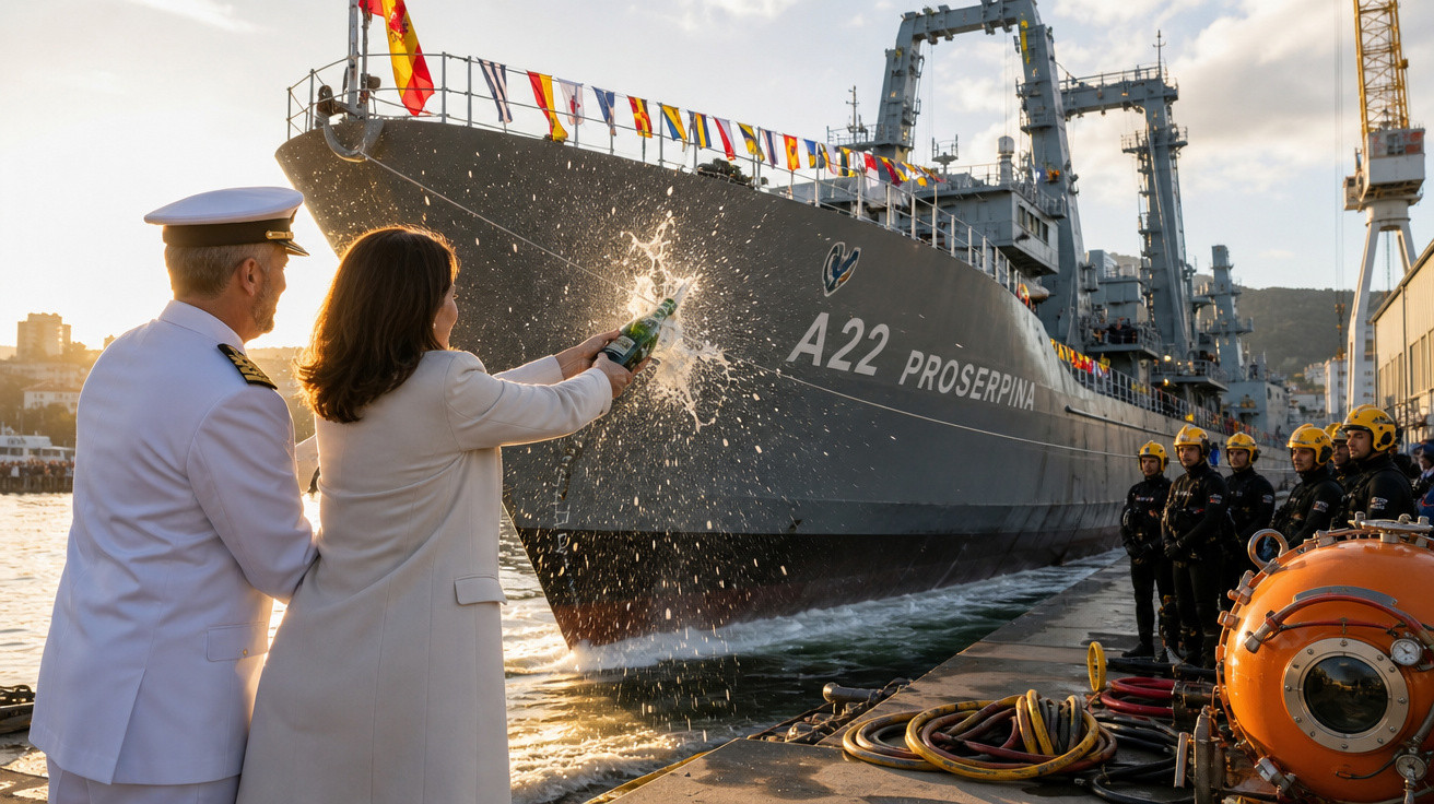 Mulher quebra garrafa para batizar o navio A22 Proserpina enquanto oficiais observam no porto ao pôr do sol.