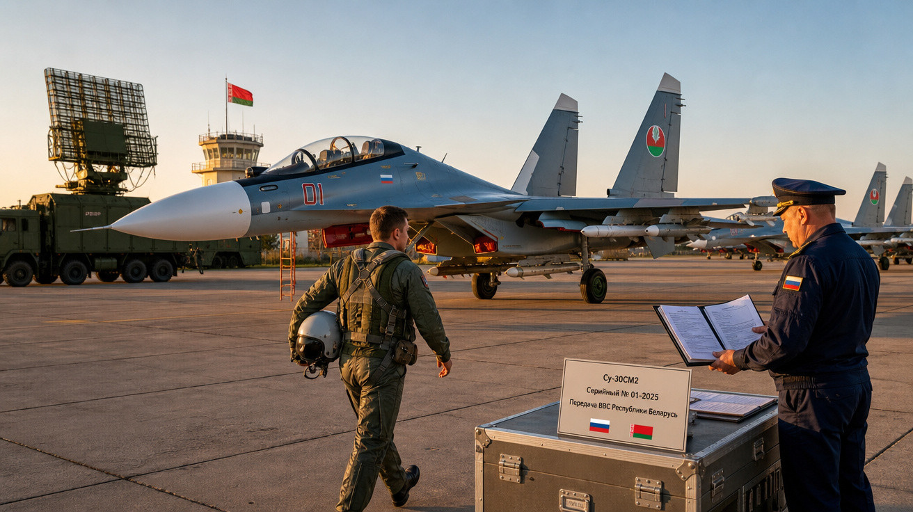 Militares russos inspecionam caça Su-30SM na pista de aeroporto com radar e bandeira da Bielorrússia ao fundo.