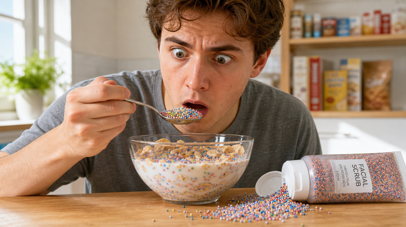 Homem surpreso segurando colher com esferas coloridas ao lado de tigela de cereal e esfoliante facial derramado.